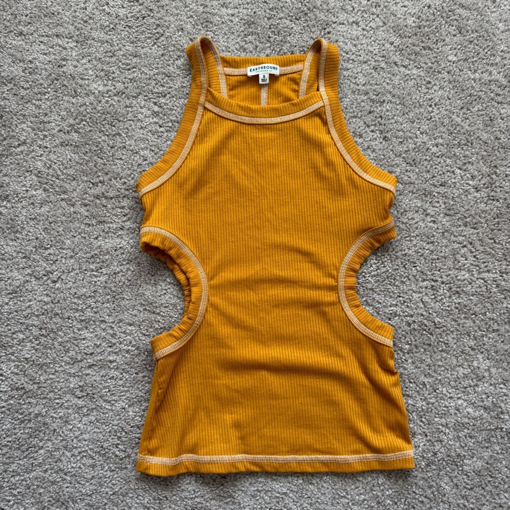 Earthbound Trading Co Mustard Yellow Ribbed Cut Out Tank Top Contrast Stitch S